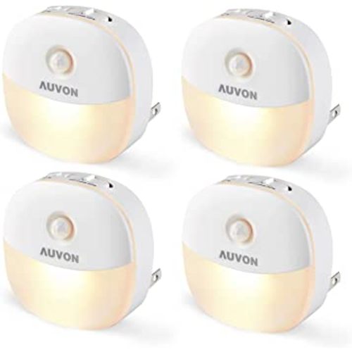 AUVON Plug in Night Light with Motion Sensor and Dusk to Dawn Sensor, Mini Warm White LED Nightlight with 1-50 lm Adjustable Brightness for Bathroom, Hallway, Stairs, Bedroom, Kitchen (4 Pack)