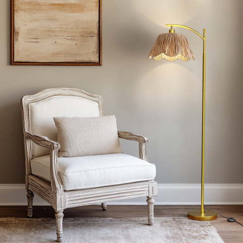 Oneach 62.5" Retro Floor Lamp for Living Room, Boho Standing Lamp with Flower Raffia Shade for Bedroom,Office Metal