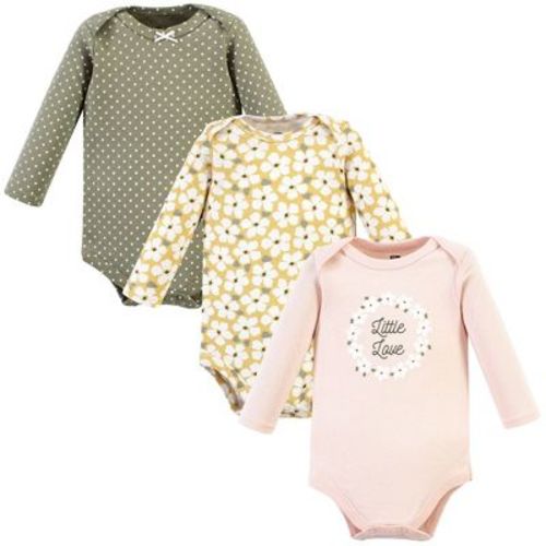 Hudson Baby Infant Girl Cotton Long-sleeve Bodysuits, Sage Floral Wreath 3 Pack, Preemie