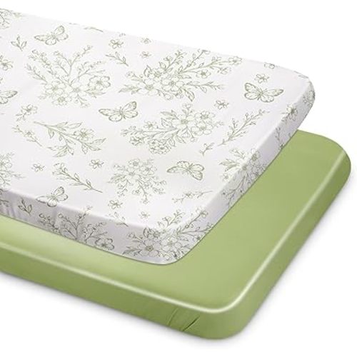 Unicorn Castle Satin Bassinet Sheets Baby 2 Pack Soft for Baby Hair Skin Fitted Bedside Bassinet Sheets for Newborn for Oval Rectangle Hourglass Bassinet Mattress,Beige Floral- Dark Green