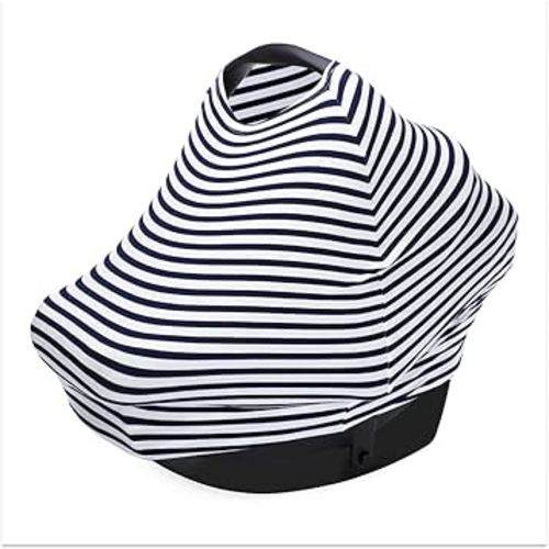 Parker Baby 4 in 1 Car Seat Cover for Boys - Stretchy Carseat Canopy, Nursing Cover, Grocery Cart Cover, High Chair Cover - Navy/White Stripes