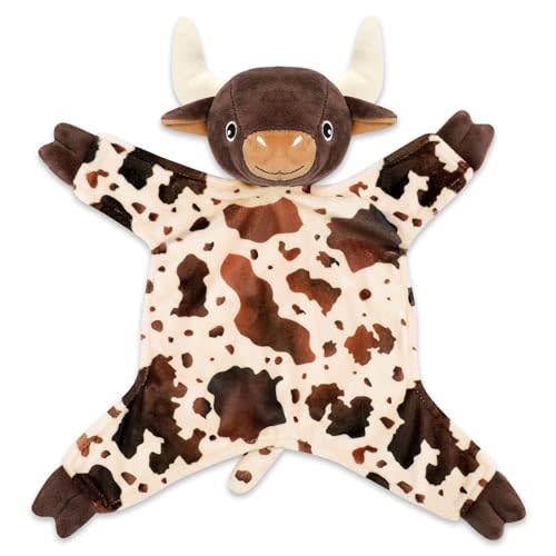Gicoherero Longhorn Baby Security Blanket Lovey Baby Shower Cow Spotted Cowhide Print Stuffed Cow Snuggler First Birthday Unisex Baby Plush Sleeping Plushie Items Nursery Newborn Gift