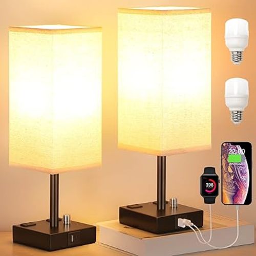 Fully Dimmable Nightstand Lamps Set of 2 - Table Bedside Lamp with USB C+A Charging Ports & 2 AC Outlets, Square Lamp Sets Linen Fabric Shade for Bedroom Living Room(Bulb Included)