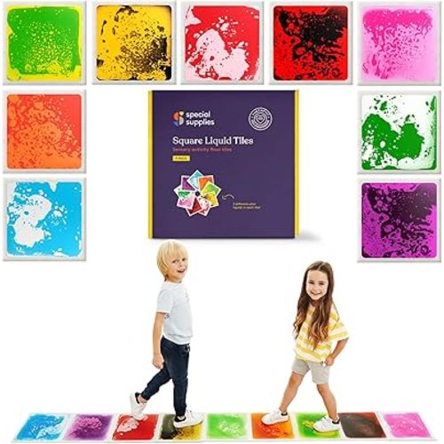 Special Supplies Square Floor Liquid Tiles for Kids, Set of 9, Colorful Early Learning Sensory Activity Mats for Toddlers and Children, Anti-Slip Backing for Active Play, Dance, and Games