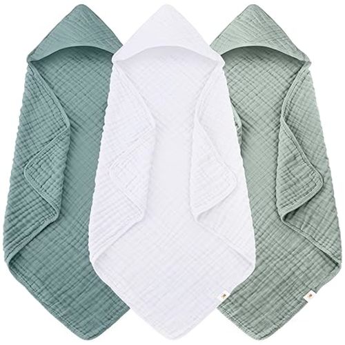 Sunny zzzZZ Muslin Hooded Baby Bath Towels - 3 Pack 100% Cotton Soft Low-Saturation Pastel Towels Including Classic White for Newborns, Infants, Toddlers - 32x32 Inch - Light Emerald and White
