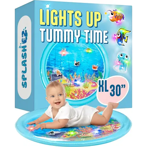 SplashEZ Lights Up Tummy Time Water Mat for Babies, 30" X-Large Baby Water Mat Tummy Time for Sensory Play with LED Glowing Fishes, Inflatable Fun Play Pad for Infants & Toddlers 3 to 36 mo