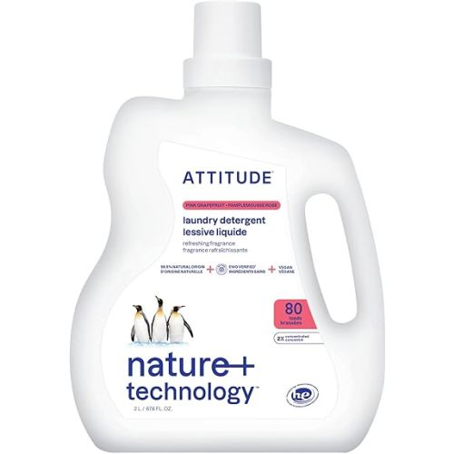 ATTITUDE Liquid Laundry Detergent, EWG Verified, HE Compatible, Plant-Based & Vegan, Natural Laundry Soap, Pink Grapefruit, 80 Loads, 67.6 Fl Oz
