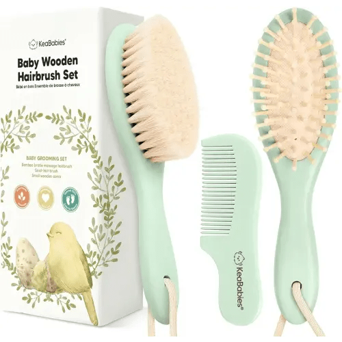 Baby Hair Brush and Comb Set for Newborn - Wooden Baby Hair Brush Set with Soft Goat Bristle, Baby Brush Set for Newborns, Baby Brush and Comb Set Girl, Boy, Toddler Cradle Cap Brush (Oval, Sage)