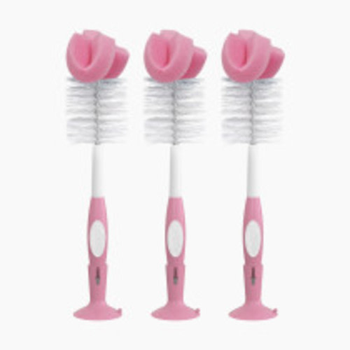 Dr. Brown's Reusable Sponge Baby Bottle Cleaning Brush Set with Suction Cup Stand, Scrubber and Nipple Cleaner, 3 Pack - Pink