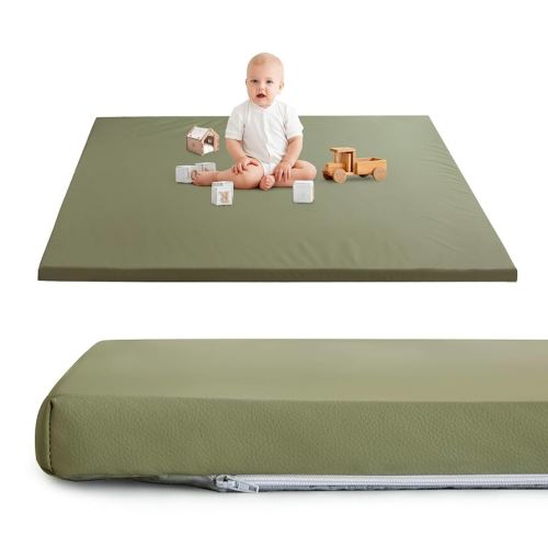HIGOGOGO Vegan Leather Baby Play Mat, 48 x 48 High-Density Foam Cushioned & Waterproof Playpen Mat, Just Wipe-Clean Crawling Mat for Babyplay on Floor, Green