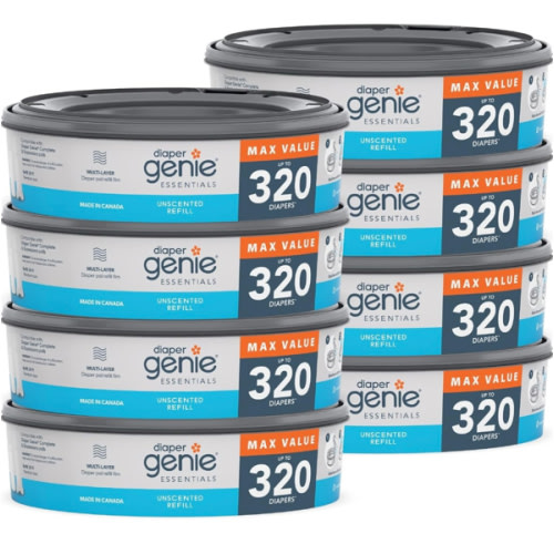 Diaper Genie Essentials Round Refill 8-Pack | Holds Up to 2560 Newborn Diapers | Features Unscented Continuous Film | Compatible with Diaper Genie Complete and Expressions Pails,8 Count (Pack of 1)