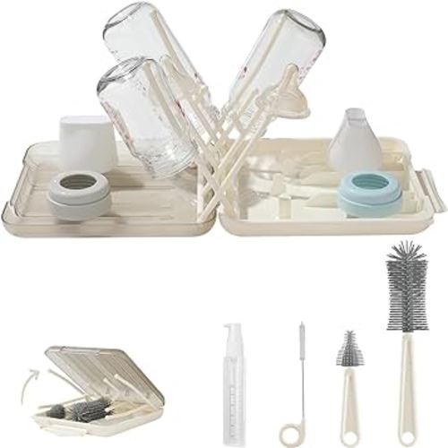 6 in 1 Bottle Cleaning Brush Set with Silicone Bottle Brush, Nipple Brush, Straw Brush, Soap Dispenser, Drying Rack for Baby Bottle and Water Bottle, Space Saving Baby Essentials for Home and Travel