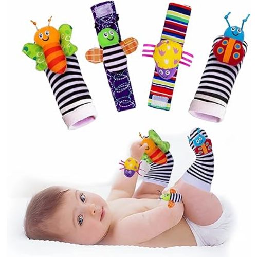 4 Pieces Baby Wrist Rattle Animal Rattle Foot Finder Socks Cartoon Baby Socks Baby Development Toys Early Learning Toys Infant Newborn Gift Boy Girl Bebe 0-3-6-12-24 Months