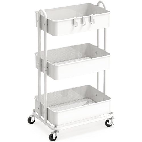Simple Houseware 3-Tier Heavy Duty Metal Utility Rolling Cart, White