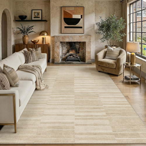 BERTHMEER 8'x10' Area Rugs for Living Room Large Beige Modern Geometric Rugs for Bedroom Office Machine Washable Farmhouse Dining Room Rugs Non Slip Contemporary Carpets