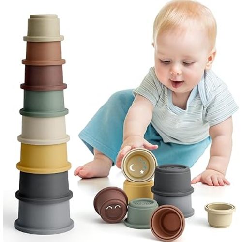 BOBXIN Stacking Cups Baby Building Toy, Nesting Cup Early Educational Toddlers Stacking Toy, 8 Pcs with Numbers & Pattern, Fun for Kid Baby 6-12 Months Play for Indoor/Outdoor/Bathtub/Beach