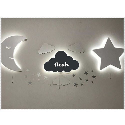 Set of 3 Baby Night Light, Cloud Lamp, Moon Lamp, Star Lamp. Nursery Wall Lighting, Personalized Lamp, Custom Baby Gift, Cloud Nursery Decor