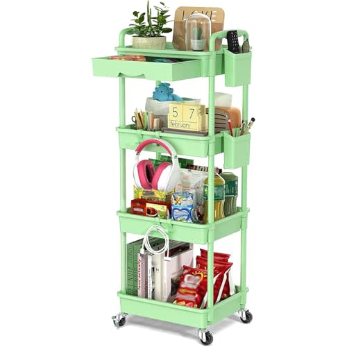 EaseSky 4 Tier Rolling Utility Cart with Drawer, Utility Storage Organizer with Plastic Shelf & Lockable Wheels Multifunctional Storage Cart for Kitchen, Bathroom, Office, Living Room, Green
