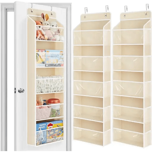JARLINK 2 Pack Toy Stuffed Animal Storage, Over The Door Organizer W/Clear View Windows, 44lb Load, Baby Toy Storage Organizer for Nursery, Kid Bedroom, Newborn Baby Essentials (Beige)