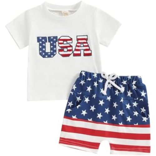 Baby Boy 4th of July Outfits Letter Short Sleeve T-Shirts Tops and Stars Shorts Independence Day Toddler Clothes