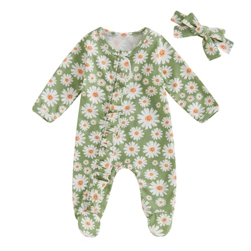 Newborn Baby Girl Clothes Fall Winter Long Sleeve Footie Romper Waffle Ruffle Zipper Jumpsuit Coming Home Outfit
