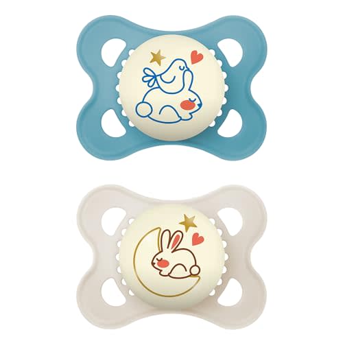 Blue and White, MAM Night Pacifiers 0-6 Months, Best for Breastfed Babies, Glow in the Dark, 2 Count