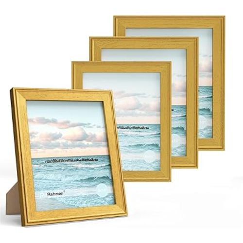 8x10 Picture Frame Set of 4, Rustic Gold Frames with Real Glass, Vintage Wooden Photo Frame for Wall Mount and Tabletop Display