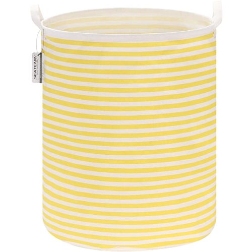 Sea Team 19.7 Inches Large Sized Waterproof Coating Ramie Cotton Fabric Folding Laundry Hamper Bucket Cylindric Burlap Canvas Storage Basket (19.7", Stripe/Yellow)