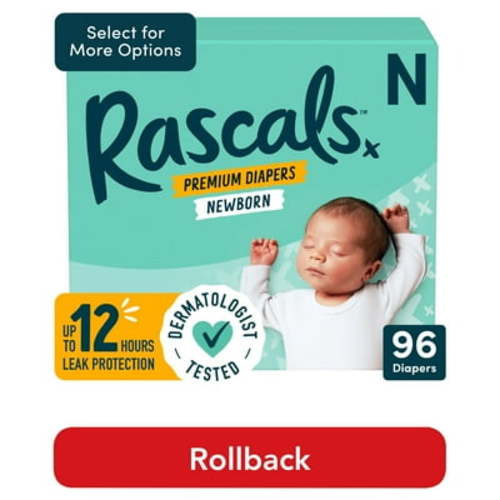 Rascals Premium Newborn Absorbent Baby Diapers Newborn, 96 Count (Select for More Options)