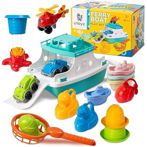 Ferry Boat Kids Bath Toy Set – 17 Pcs Toddler Pool Toys with Stacking Cups, Toy Ferry Boat, Train, 2 Cars & A Helicopter Addition for Fun Water Play, Toddler Bath Toys for 1 Year Old & Up