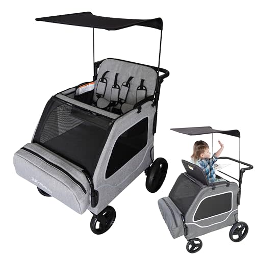 JULYSHILIU Foldable Fun Car-Shaped Wagon Stroller for 2 Kids All-Terrain Push Cart, XL Cargo Space, Removable Canopy, 5-Point Harness & Elevated Seats for Park/Shopping/Outings (Light Grey)