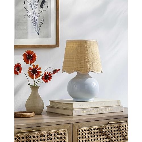 Theisseil Boho Ceramic Bedside Table Lamp for Bedroom Nightstand and Living Room - Shade Rattan - Blue, Beige - 13" H