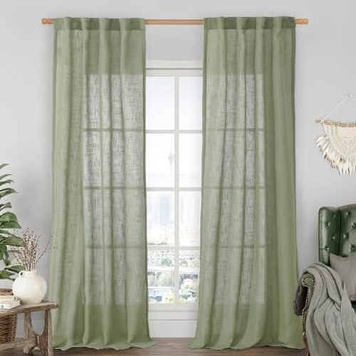 Sage Green Linen Boho Curtains for Bedroom Living Room 2 Panels