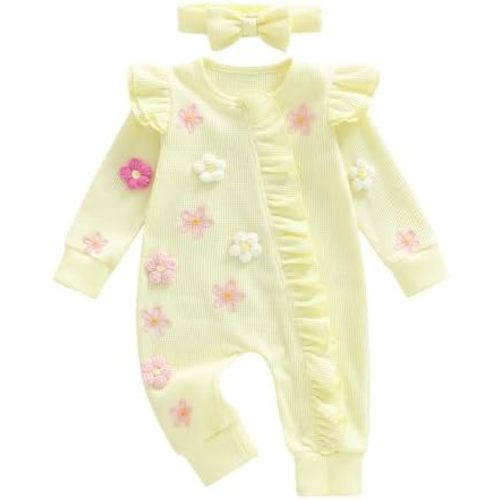 ZIXILOVGIR Newborn Baby Girl Clothes Ribbed Ruffle Romper Long Sleeve Zipper Onesie Jumpsuit Coming Home Outfit Girl (3D Flower Yellow, Newborn)
