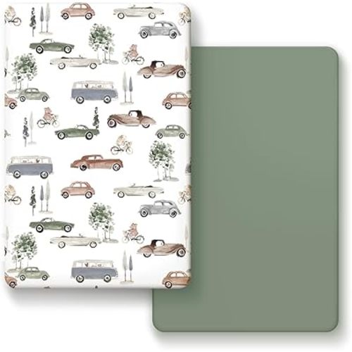 GRSSDER Pack n Play Sheets Fitted 2 Pack, Stretchy Ultra Soft Jersey Knit Pack and Play Sheets, Universal Fitted Portable/Mini Crib Mattresses Snug and Safe, Neutral Pattern of Cars Print