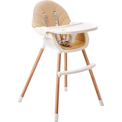 3-in-1 High Chair for Babies and Toddlers - Convertible Wooden Baby Highchair for Eating with Safety Belt, Foldable Baby Feeding Chair with 3-Position Removable Tray, Adjustable Legs, Easy to Clean