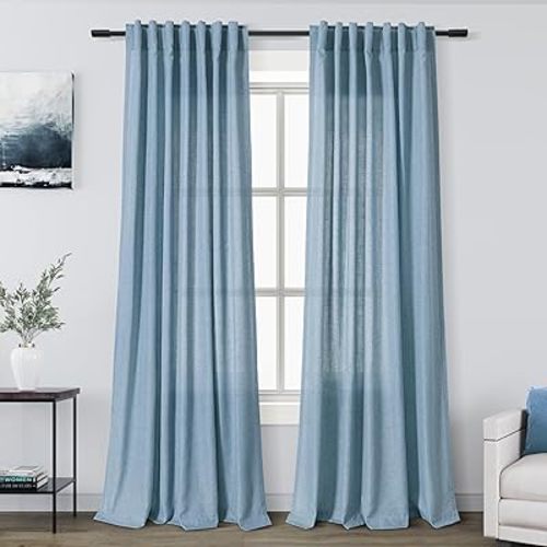 Nanspring Blue Semi Sheer Linen Curtains 84 inch Length for Living Room Back Tab Modern Farmhouse Coastal Decor Stone Dusty Blue Cotton Textured Gauze Curtains for Dining Room Bedroom Blue Grey