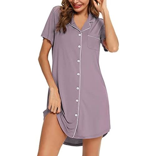 Senert Nightgown for Women Sleep Shirt Short Long Sleeve Sleepwear Boyfriend Nightshirt Button Down Pajama Dress S-XXL