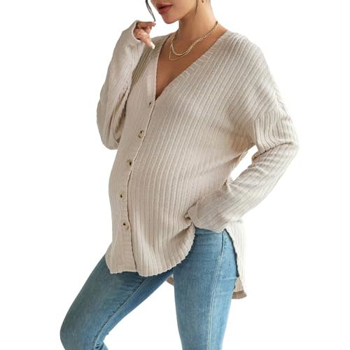 MakeMeChic Women's Maternity Long Sleeve Shirt Knit Nursing Tee Tops Button Down Shirt