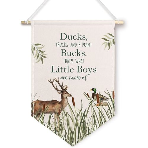 ChissNook Ducks Bucks Little Boys Canvas Banner, Boy Nursery Hanging Pennant Banner Flags Wall Display, Wild Mallard Duck Deer Wall Decor for Toddler Kids Boys Room Bedroom Nursery Playroom