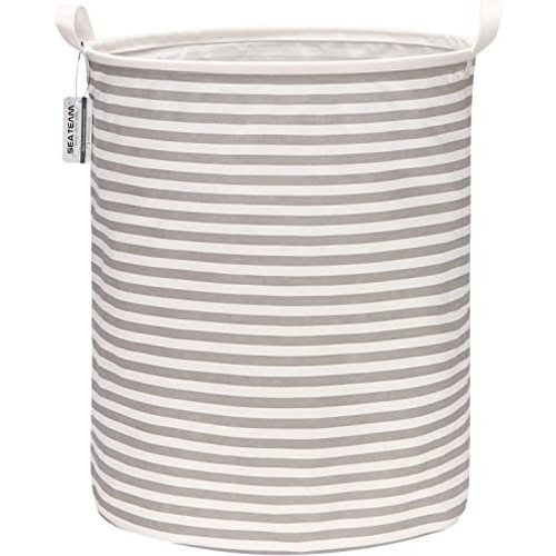 Sea Team 19.7 Inches Large Sized Waterproof Coating Ramie Cotton Fabric Folding Laundry Hamper Bucket Cylindric Burlap Canvas Storage Basket (19.7", Grey & White Stripe)