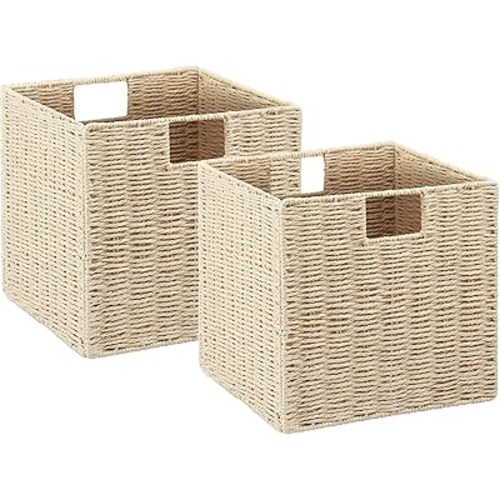 Vagusicc Wicker Storage Basket, Set of 2 Hand-Woven Paper Rope Wicker Baskets, Foldable Cube Storage Bins, Beige Storage Basket, Square Baskets for Organizing Shelves & Decor, Beige(13″×13″×13″)