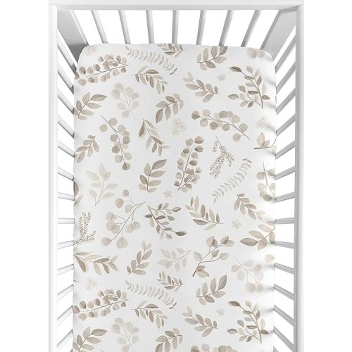 Sweet Jojo Designs Floral Leaf Boy or Girl Fitted Crib Sheet Baby or Toddler Bed Nursery - Gender Neutral Beige Taupe White Gender Neutral Boho Watercolor Botanical Flower Woodland Tropical Garden