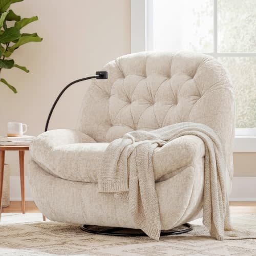 Swivel Rocker Recliner Chair | Oversized Rocking Sofa with Phone Holder for Living Room,Large Glider Recliner,Cream Beige