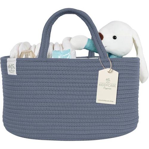 Diaper Caddy Organizer for Baby Nursery Basket with Handle Lid | Nursing bag with Changing Table Organizer Cart | Newborn Caddy | Blue PTRN X-Large