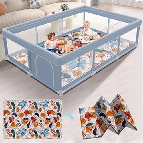 74 x 50 Inch Baby Playpen with Mat, Playpen for Babies and Toddlers, Baby Playard for Indoor & Outdoor Active Center Game Fence, with Skin-Friendly Fabric and Soft Breathable Mesh, Grey