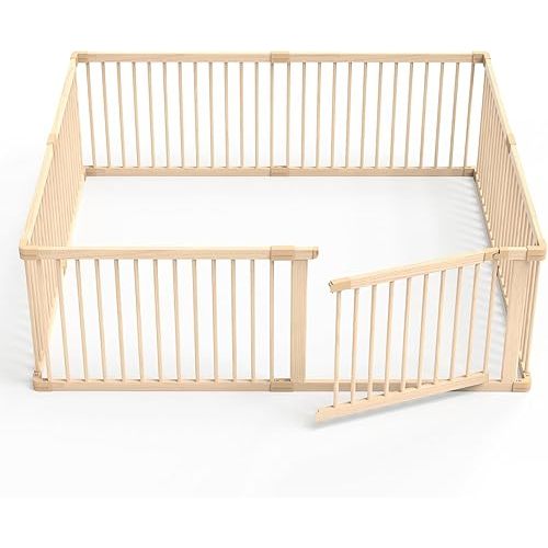 Wooden Baby Playpen, X-Large Size Adjustable Baby Playard for Babies and Toddlers with Safety Gate, CPC Certified Play Fence（71x63x24 Inches