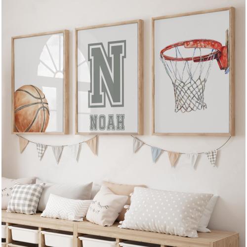Basketball Wall Art, Watercolor Custom Print Set of 3 for Boy Room, Personalized Name Boys Game Room Decor, Sport Nursery Printable Art