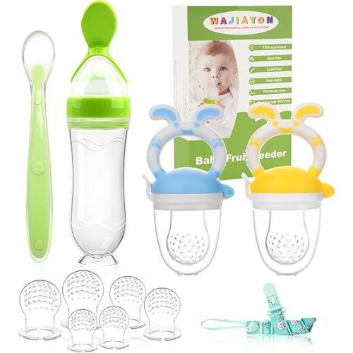 WAJIAYON Baby Fruit Feeder Pacifier - 5 Pack | 2 Baby Fruit Food Feeder Pacifier & 1 Baby Food Dispensing Spoon | Fresh Fruit Teethers for Babies | Silicone Feeder Baby,Mesh Baby Feeder (Blue &Yellow)