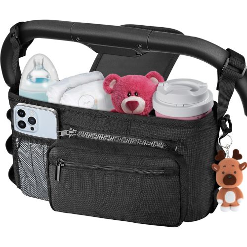 Universal Stroller Organizer with Cup Holder Detachable Phone Bag and Shoulder Strap, Stroller Caddy Fits for Stroller Like Uppababy, Baby Jogger, Doona, Nuna, BOB, and Pet Stroller
